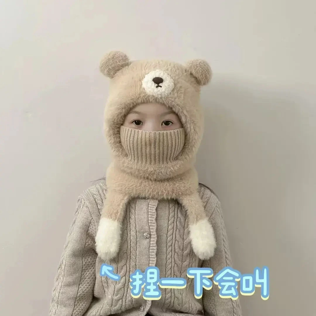 新款2026儿童冬季帽子防风围脖女童毛绒帽保暖加厚围巾一体帽户外