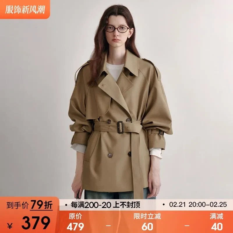 范洛休闲短款风衣外套女2025春新款双排扣小个子高级感卡其色大衣