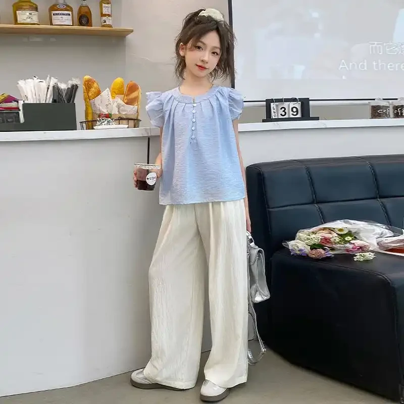 女童夏季飞袖娃娃衫休闲裤套装2025新款中大儿童薄款阔腿裤两件套