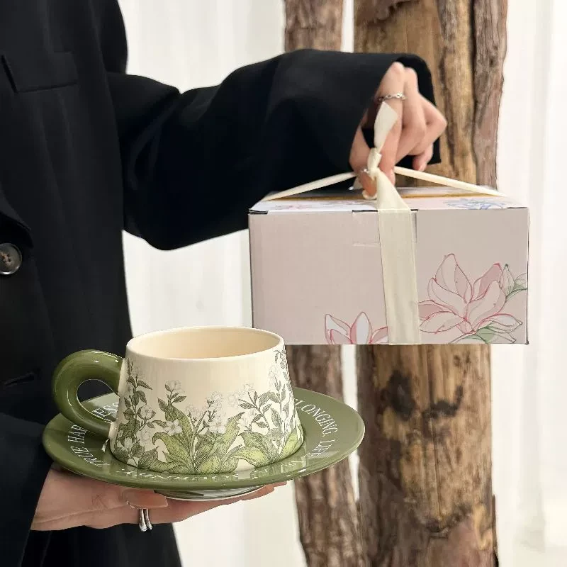 铃兰花咖啡杯碟套装中古风油画下午茶拿铁牛奶杯女生陶瓷杯伴手礼