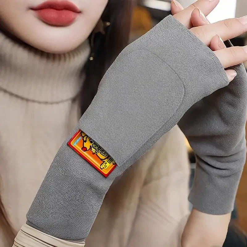 德绒加兜手套男女秋冬保暖防寒自发热双面加绒半指学生写字护手套