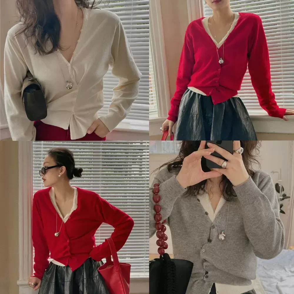 TOPCLOSET 时髦知识分子MIU风可叠穿撞色v领针织羊毛开衫7023