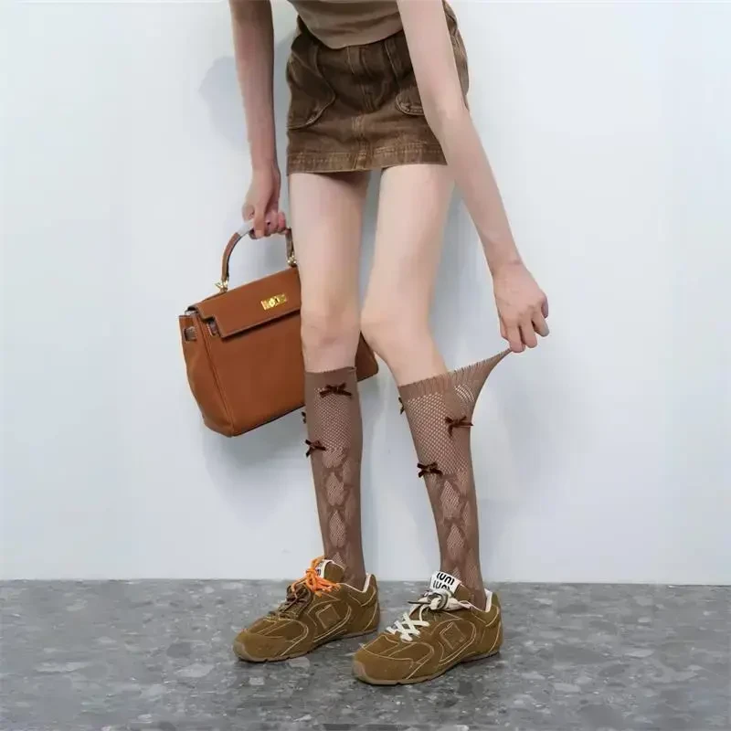 "夏天穿就很奈斯”"百搭韩系ins慵懒蝴蝶结菱格镂空小腿袜休闲jk袜