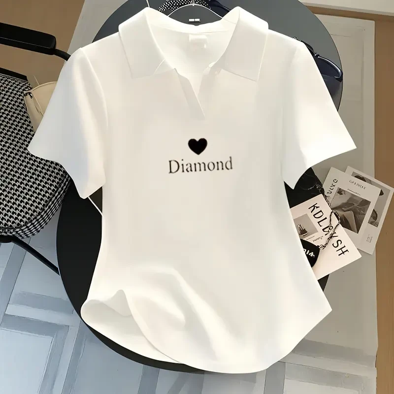 时尚韩版POLO领白色短袖T恤女夏新款减龄修身正肩打底衫短款上衣