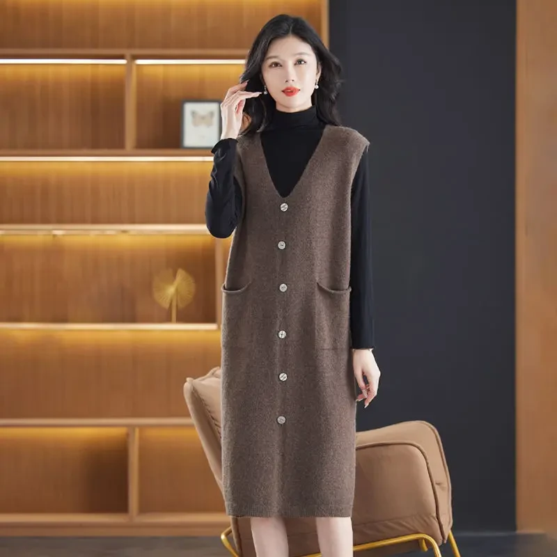 春秋新款时尚连衣裙女马甲背心V领宽松毛衣裙针织长款毛衣打底衫