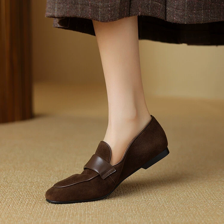 软羊皮乐福鞋女平底翻毛磨砂圆头简约百搭一脚蹬小皮鞋软底豆豆鞋