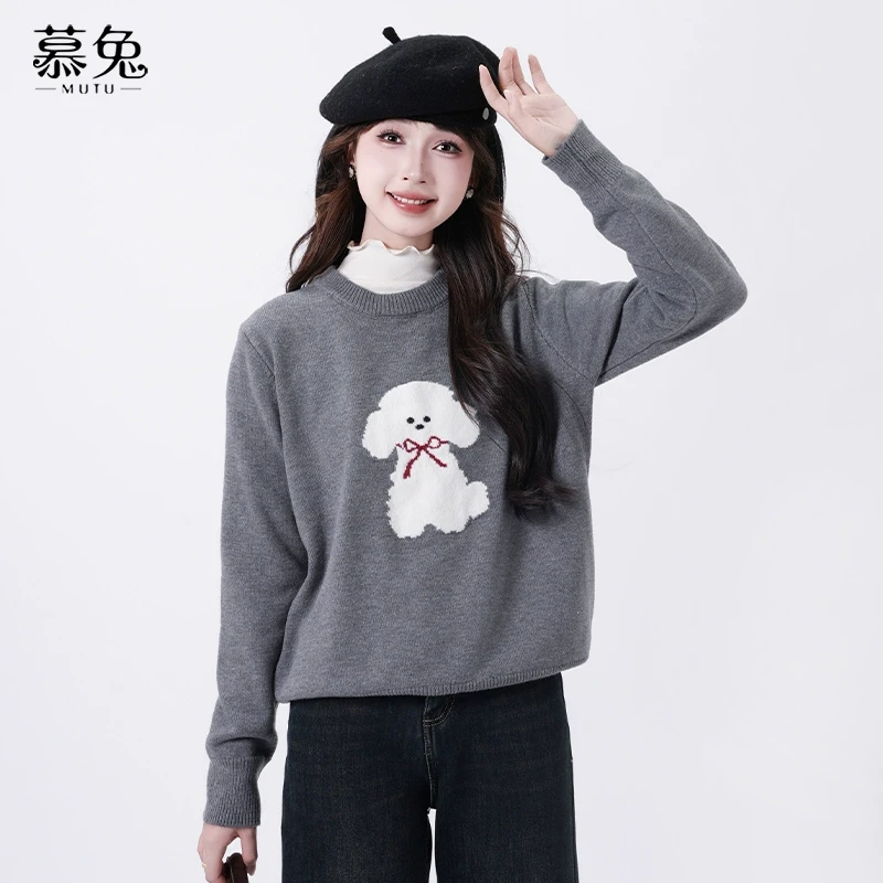 慕兔甜美卡通小狗圆领套头毛衣女2024冬季新款慵懒风长袖针织上衣