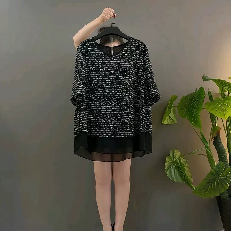 胖妹妹半袖雪纺拼接双层纱雪纺衫大码女装2025春季宽松显瘦上衣潮