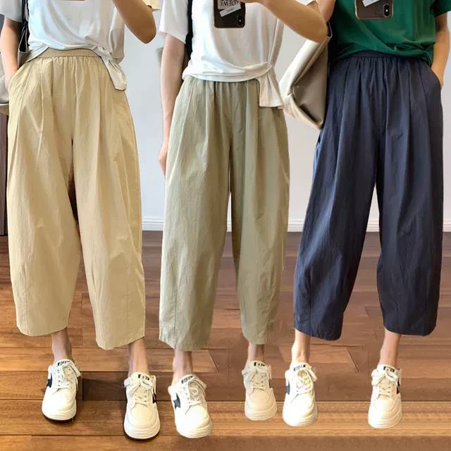 全棉夏季薄款哈伦裤萝卜裤女裤高腰宽松显瘦百搭裤子大码女士裤子