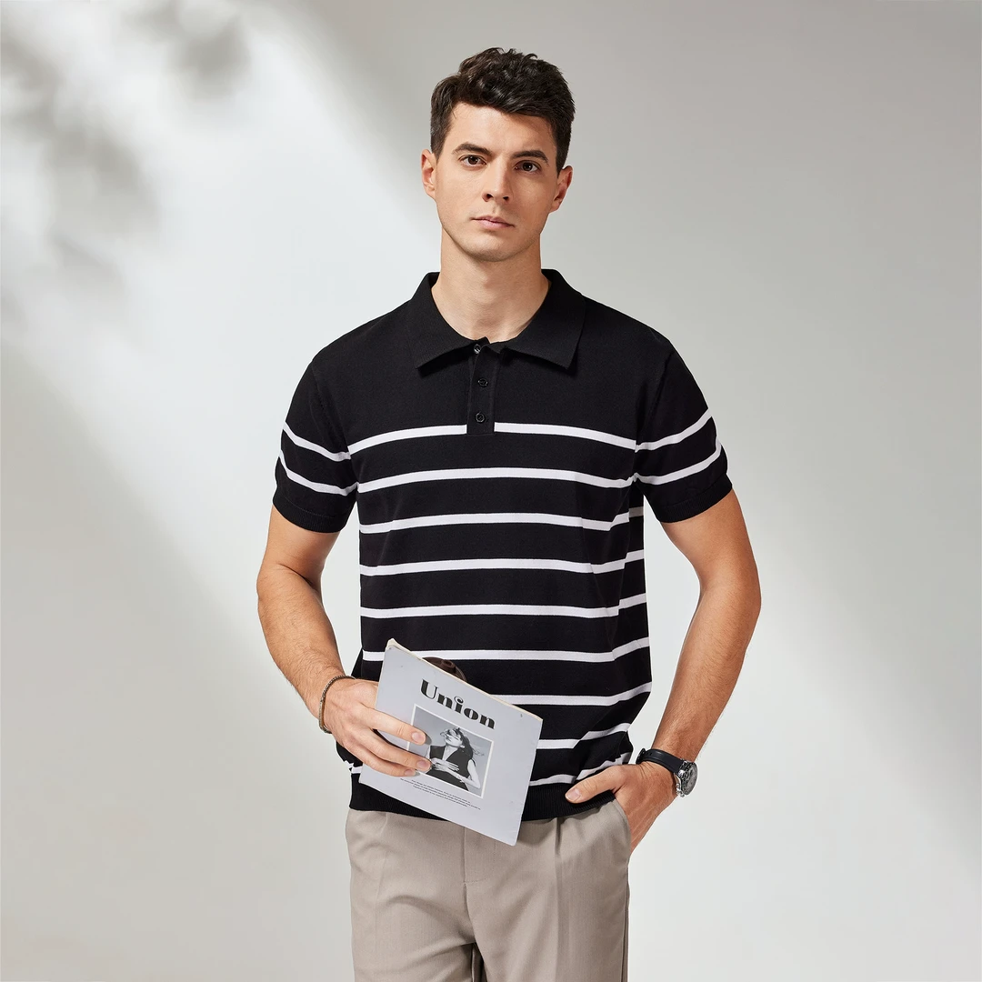 商务通勤男士衬衫休闲条纹短袖Polo衫潮流ins夏季针织保罗衫T恤男