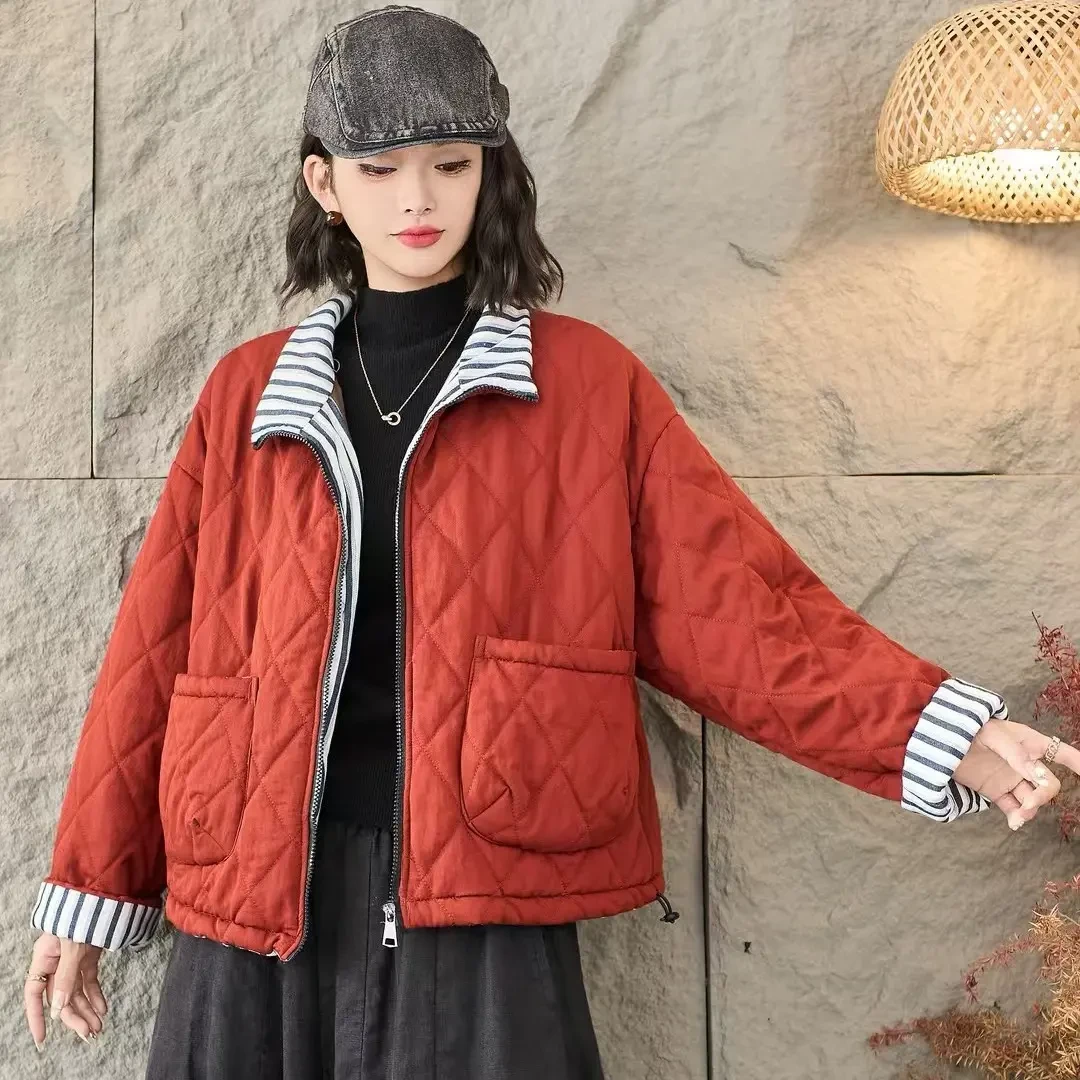 菱形格立领短款棉服冬季加厚保暖显瘦棉衣外套女