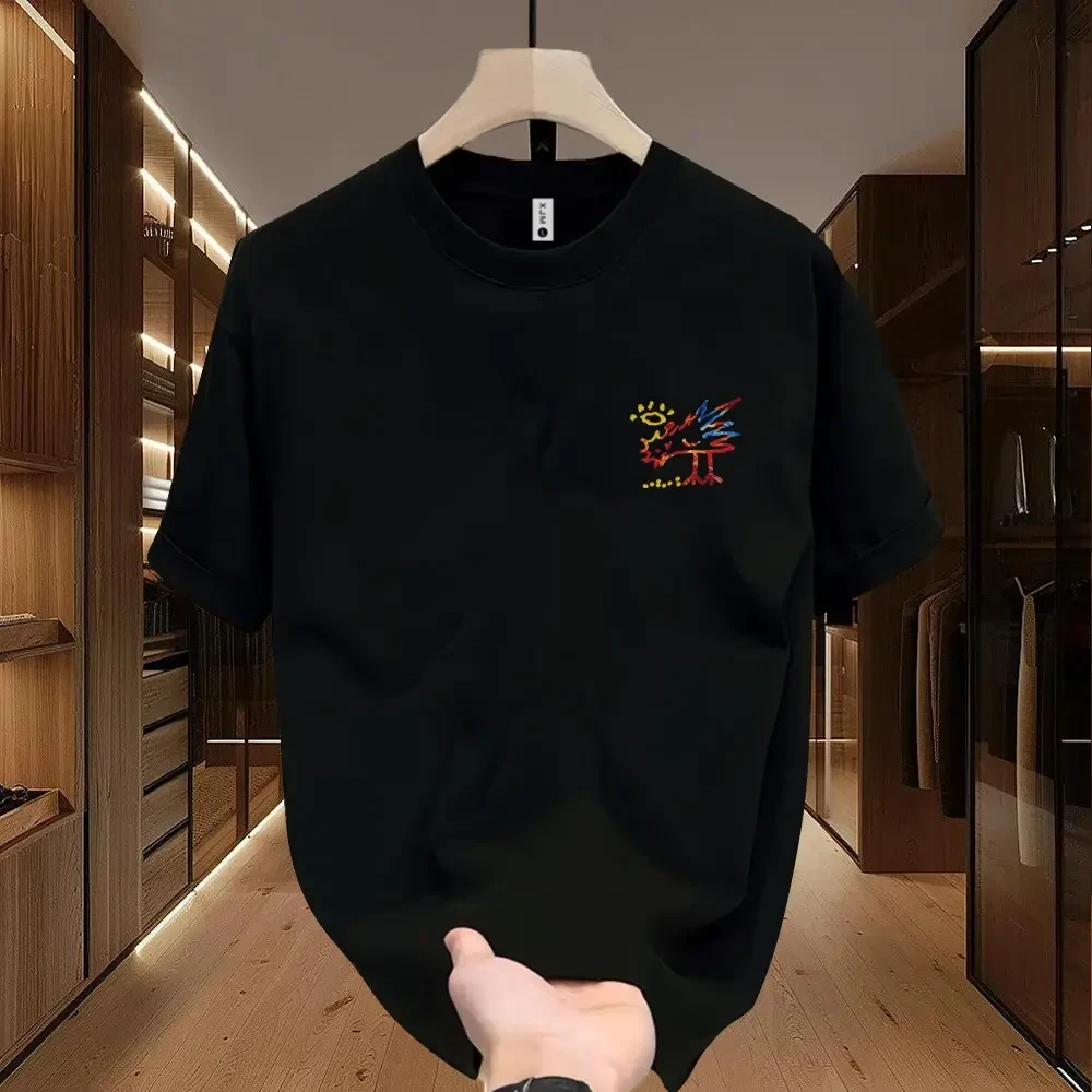 夏日热款纯棉圆领短袖T青年男版宽松款式绘有神鸟凤凰图案夏季