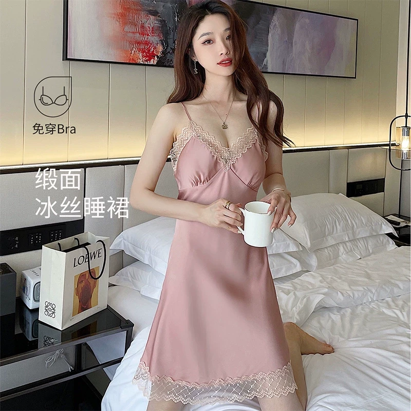 紫色花语睡裙女款2025新款蕾丝吊带带胸垫睡衣性感短裙S5BD1213