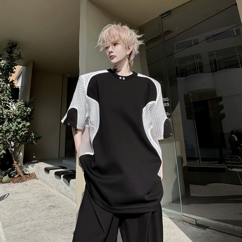 夏季美式小众透气网眼拼接解构垫肩短袖T恤男重磅廓形小领口上衣