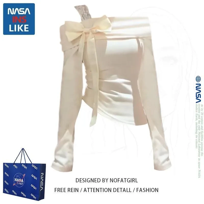 NASA蝴蝶结一字肩系带长袖T恤女纯欲风早春季修身露肩针织衫上衣