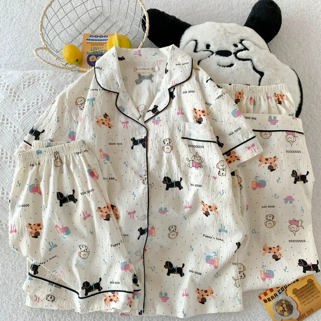 【小狗】睡衣女夏季云朵绵睡衣短袖三件套家居服休闲卡通大码薄款