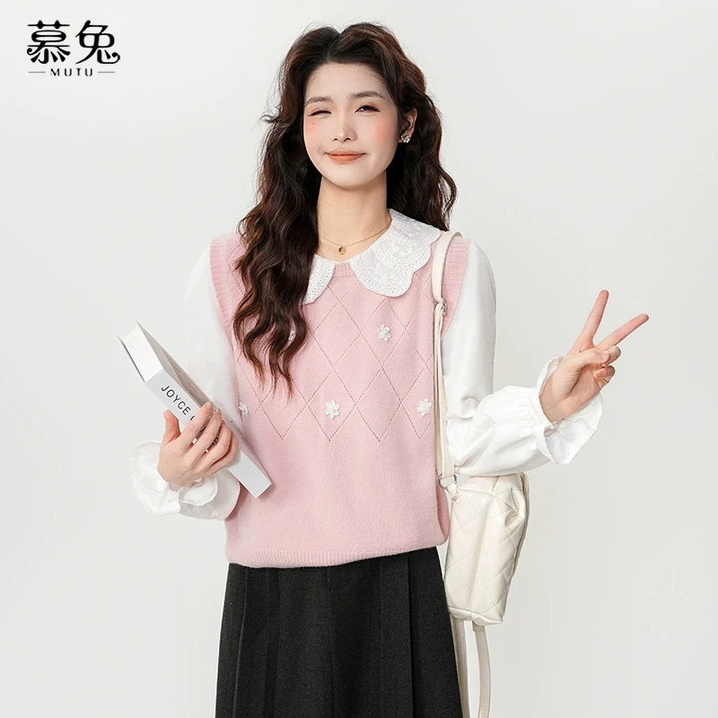 【婷婷专属】23602甜美娃娃领长袖衬衫女叠穿针织马甲背心两件套