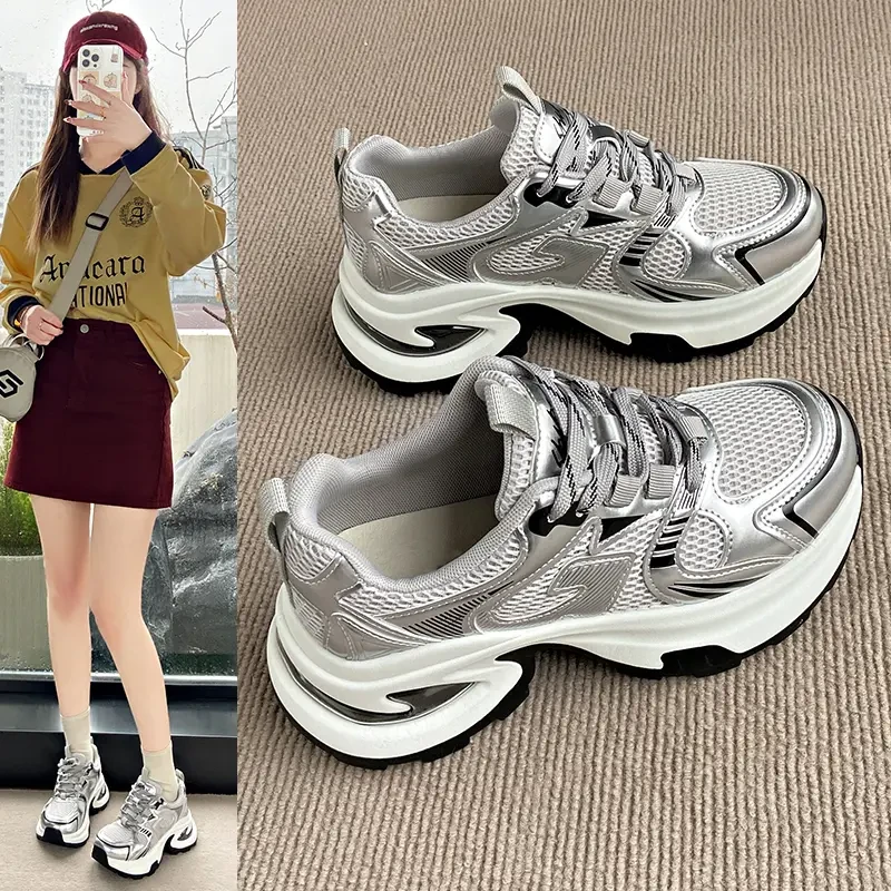 爆款厚底老爹鞋女款小个子增高休闲鞋2025新款网面透气运动鞋百搭
