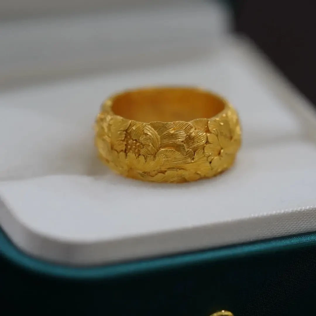 铜合金戒指 法式宫廷风金色牡丹花戒指高级感日照金山戒指食指戒