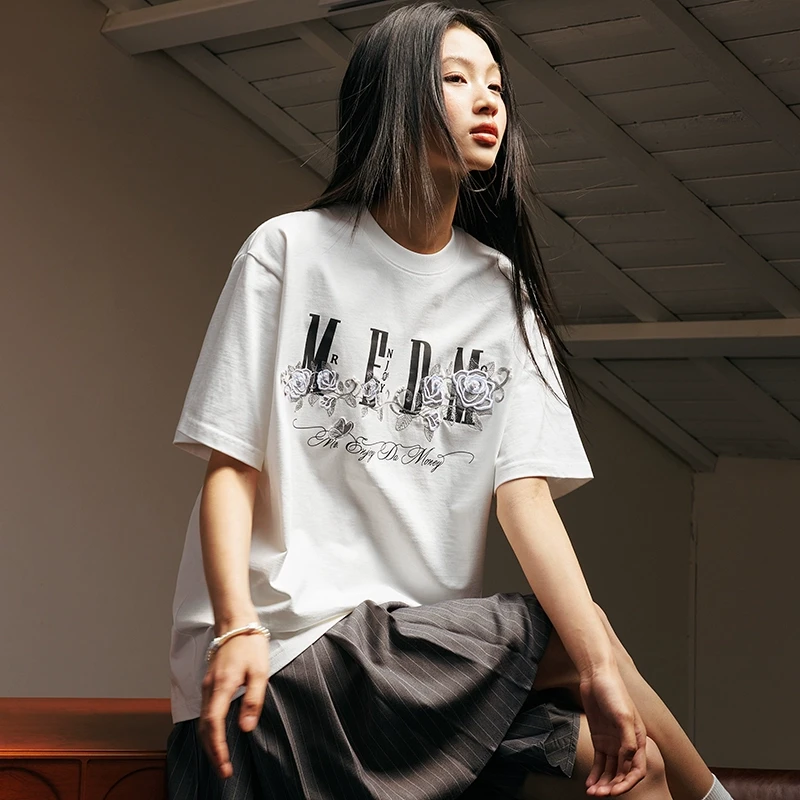 MEDM25SS冰凌玫瑰刺绣钉珠印花LOGO短袖男t恤美式复古夏季上衣潮