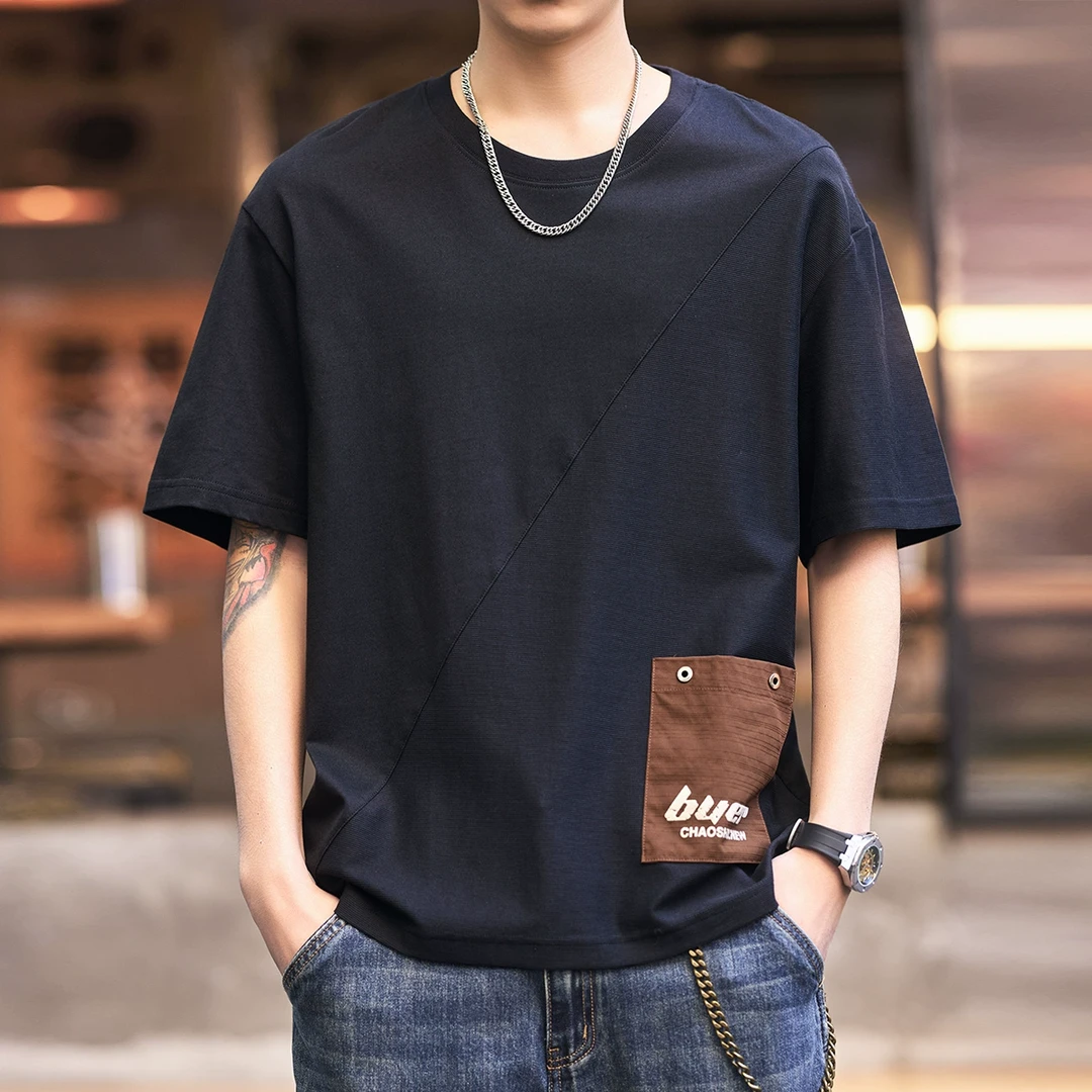 格蓝鹿高端日系设计感口袋短袖t恤男宽松大码夏季新款半血体恤男