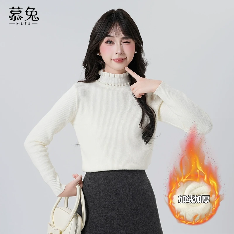 慕兔【加绒加厚】半高领长袖打底衫女冬新款小个子内搭正肩针织上衣