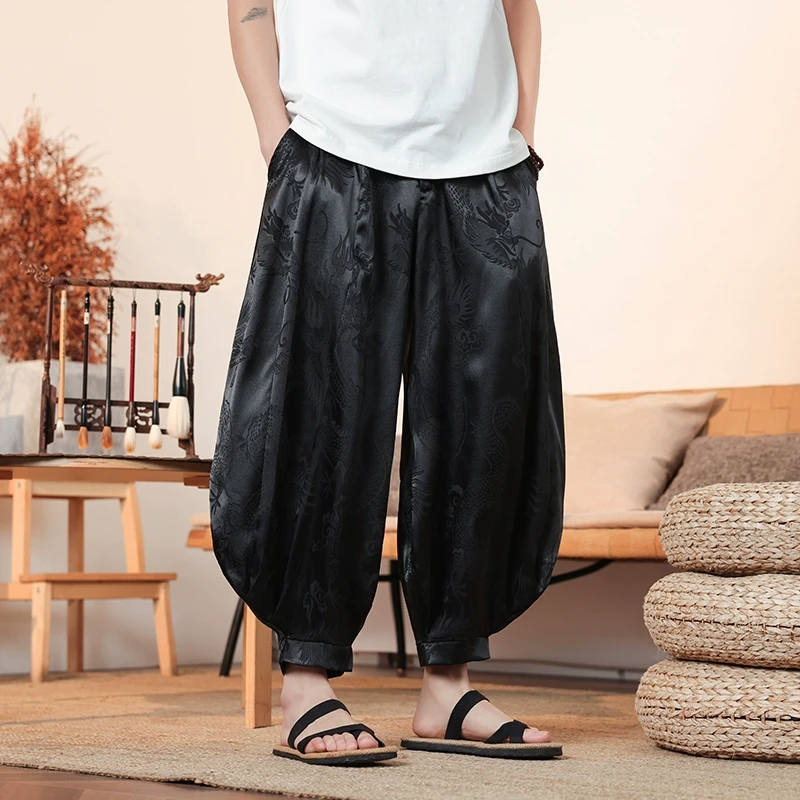 大码肥佬灯笼裤男士冰丝束脚运动裤中国风龙纹提花宽松休闲萝卜裤