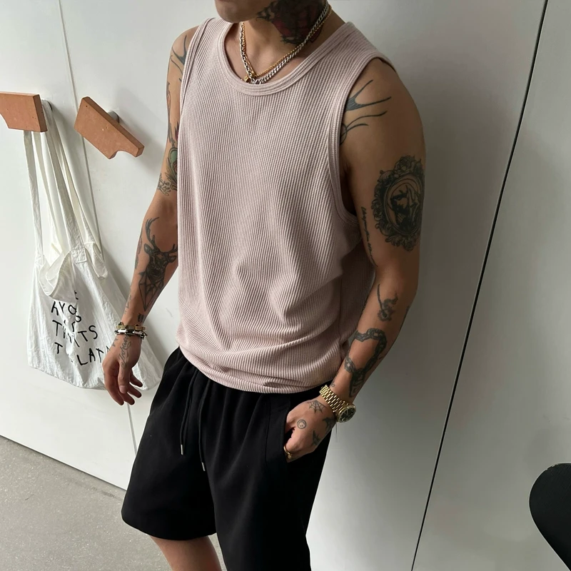 OXFREAK「多巴胺粉色 基础款」老钱风褶皱工字背心男透气修身坎肩