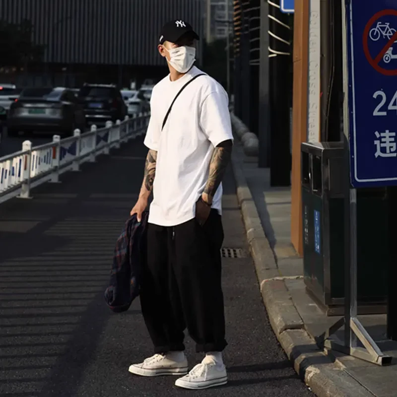 日系cityboy小领口重磅T恤男夏季美式复古纯色短袖oversize半袖