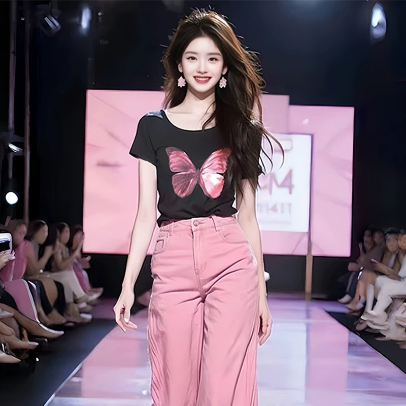 黑色蝴蝶结印花短袖T恤女2025新款夏欧货洋气独特别致上衣开春季