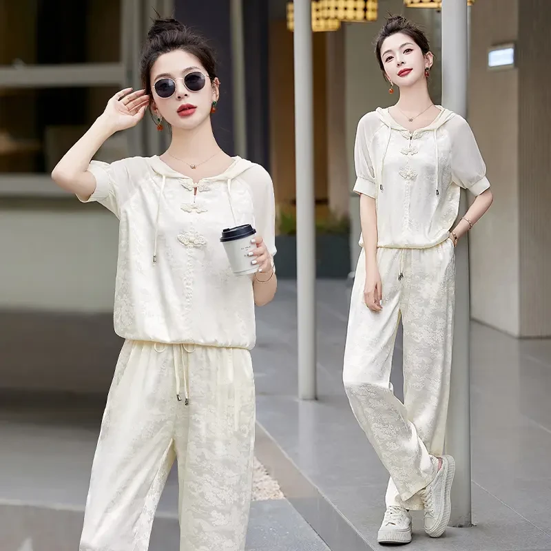 新中式休闲连帽套装2025夏装新款气质显瘦国风提花薄款短袖两件套