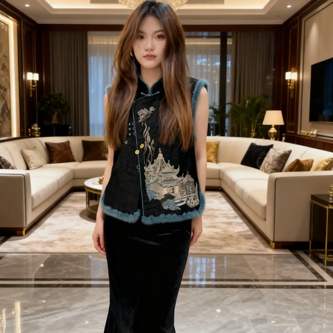 越越女装厚款法式秋季马夹水貂毛拼接上衣宽松型无袖时尚修身刺绣