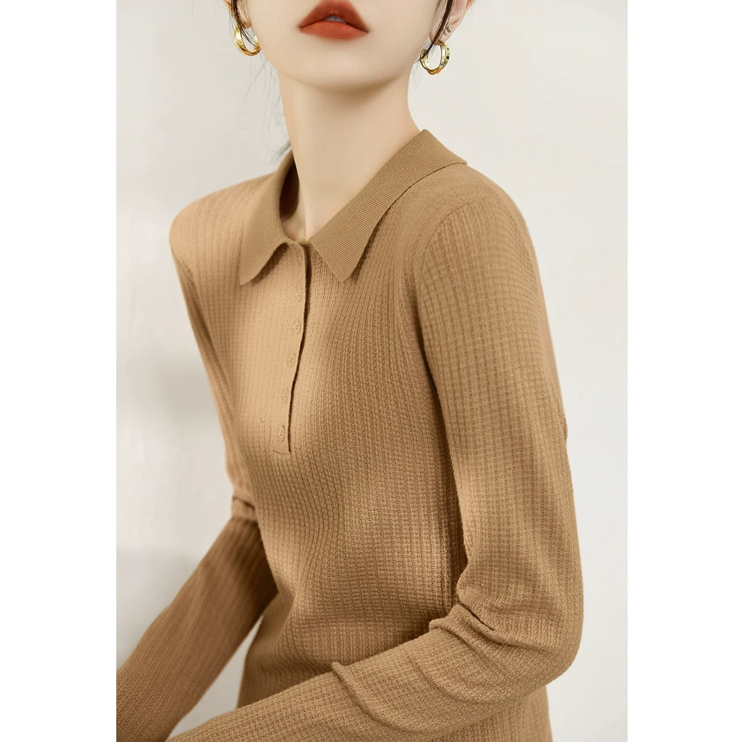 2025秋冬新款POLO领设计修身半开衫纽扣内搭上衣女长袖针织打底衫