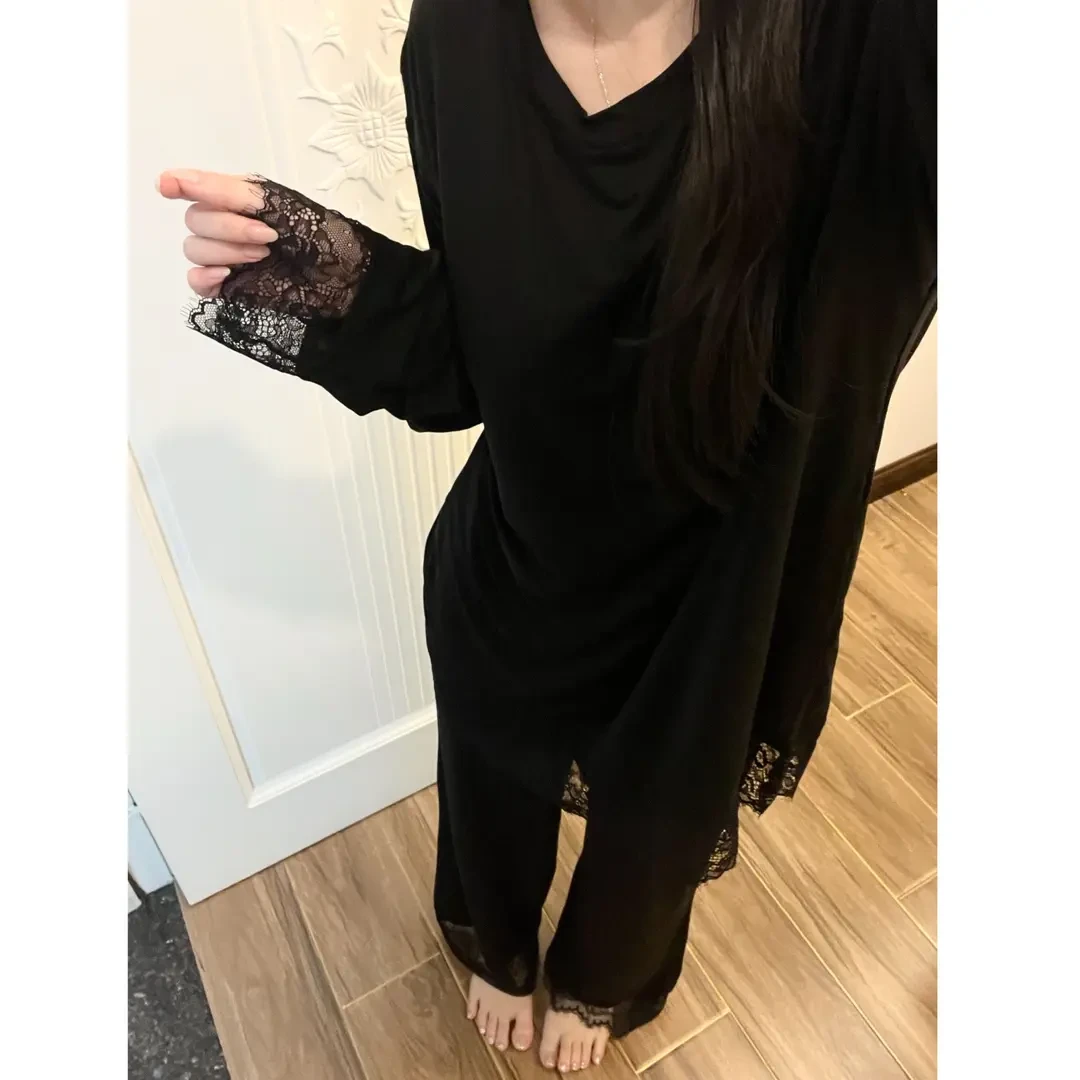 黑色纯欲少女蕾丝花边长袖睡衣女带胸垫春秋季新款休闲家居服套装