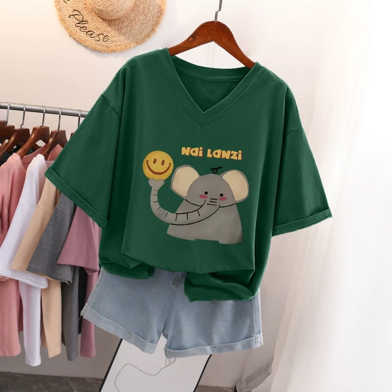 纯棉V领短袖t恤女2025新款夏季减龄显瘦大码女装胖mm休闲百搭上衣