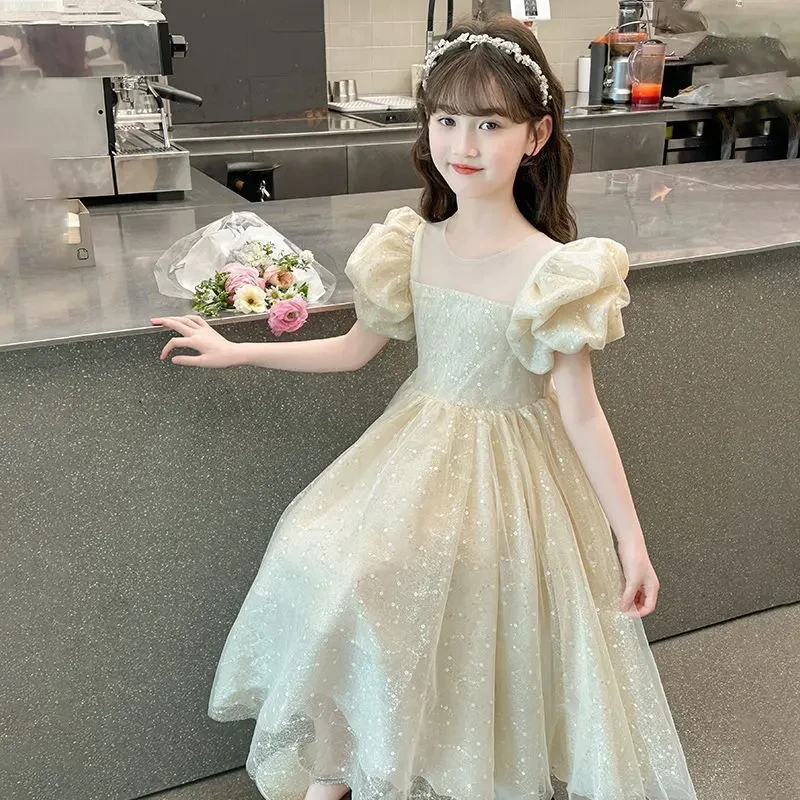 女童夏季连衣裙2025新款洋气儿童亮片公主纱裙女孩夏装泡泡袖裙子