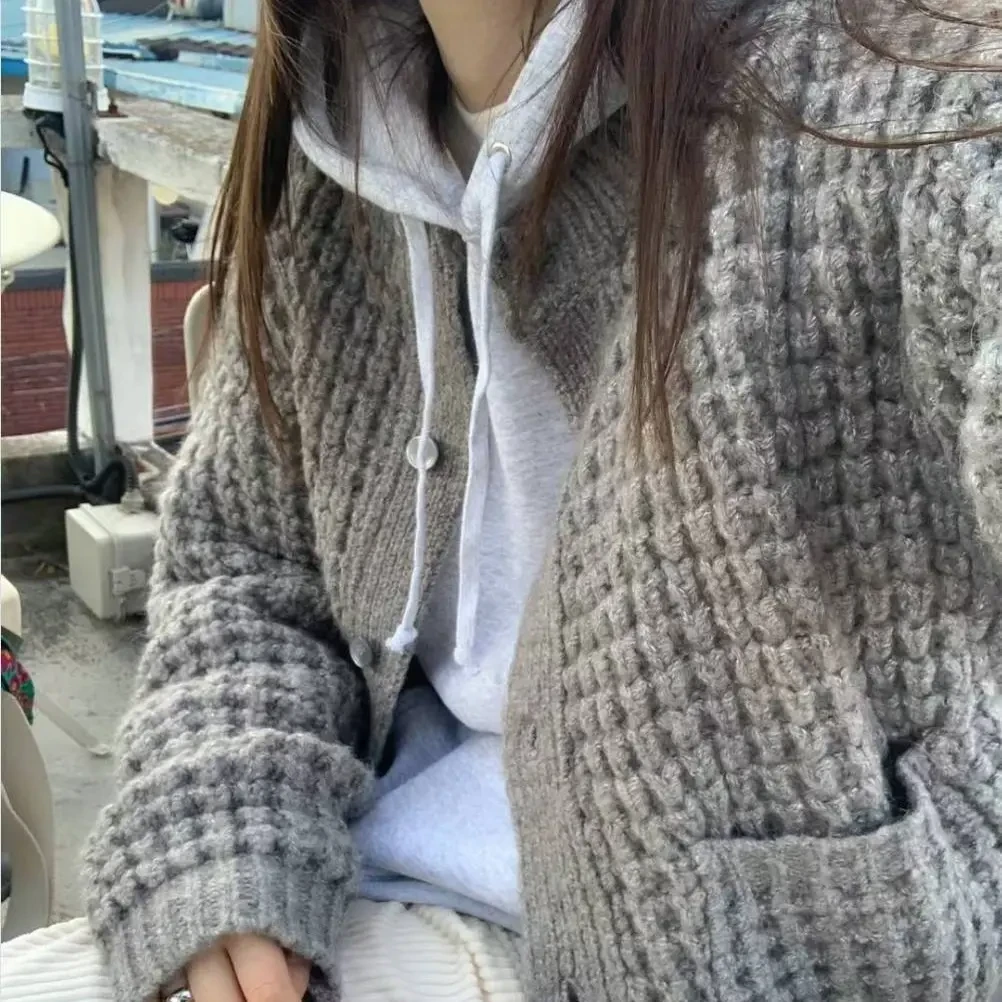 韩国东大门慵懒风宽松中长款针织开衫毛衣
