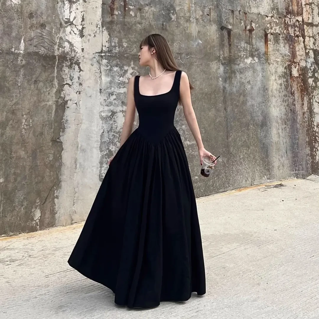 黑色无袖长款连衣裙夏季新款迷人性感气质显瘦长裙收腰时尚小黑裙