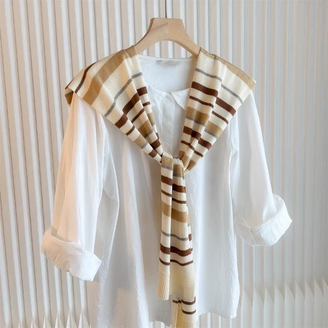 奶油咖色条纹叠穿小披肩女外搭衬衫针织围巾空调房护颈春秋季坎肩