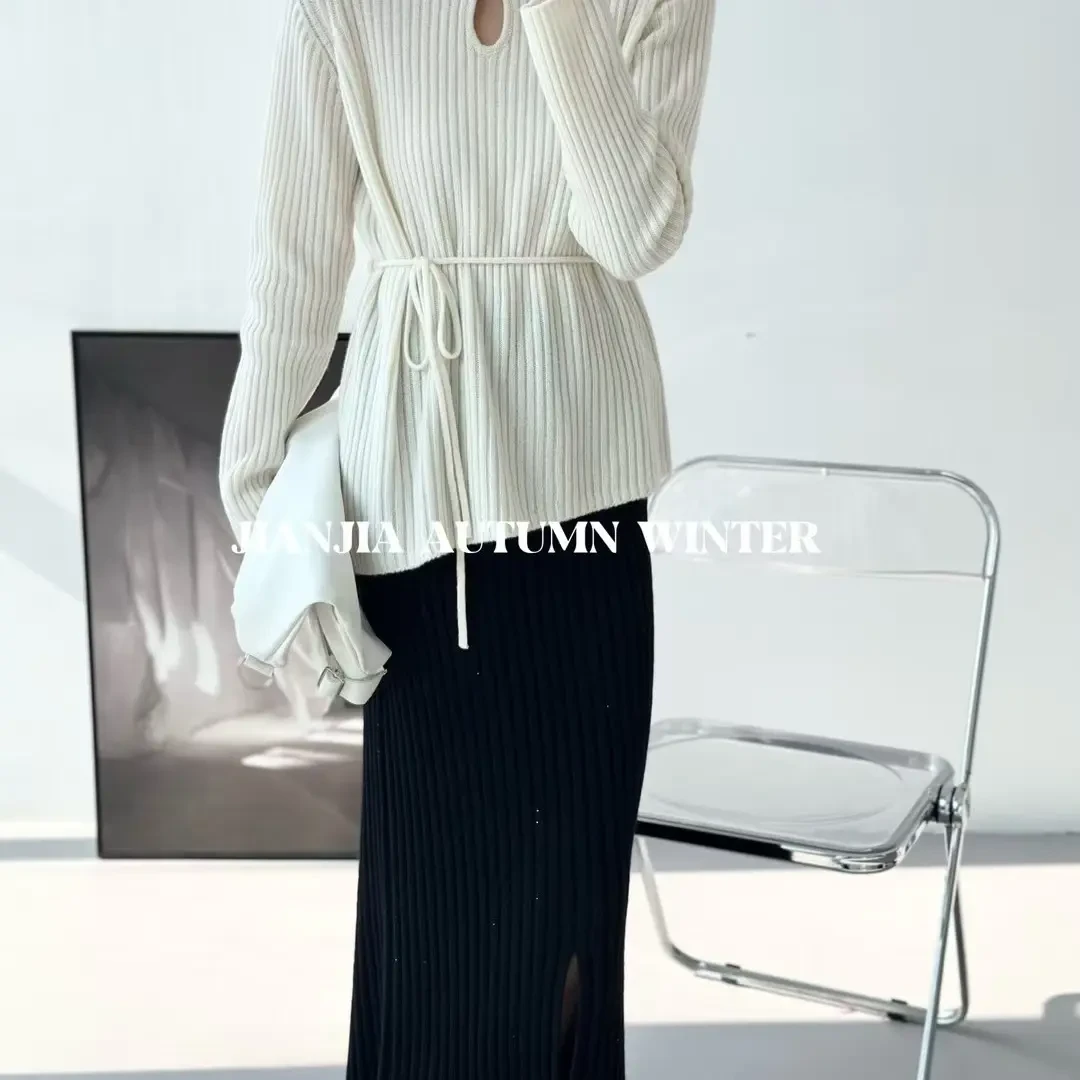 秋冬新款羊毛毛衣系带不等式设计感长袖上衣