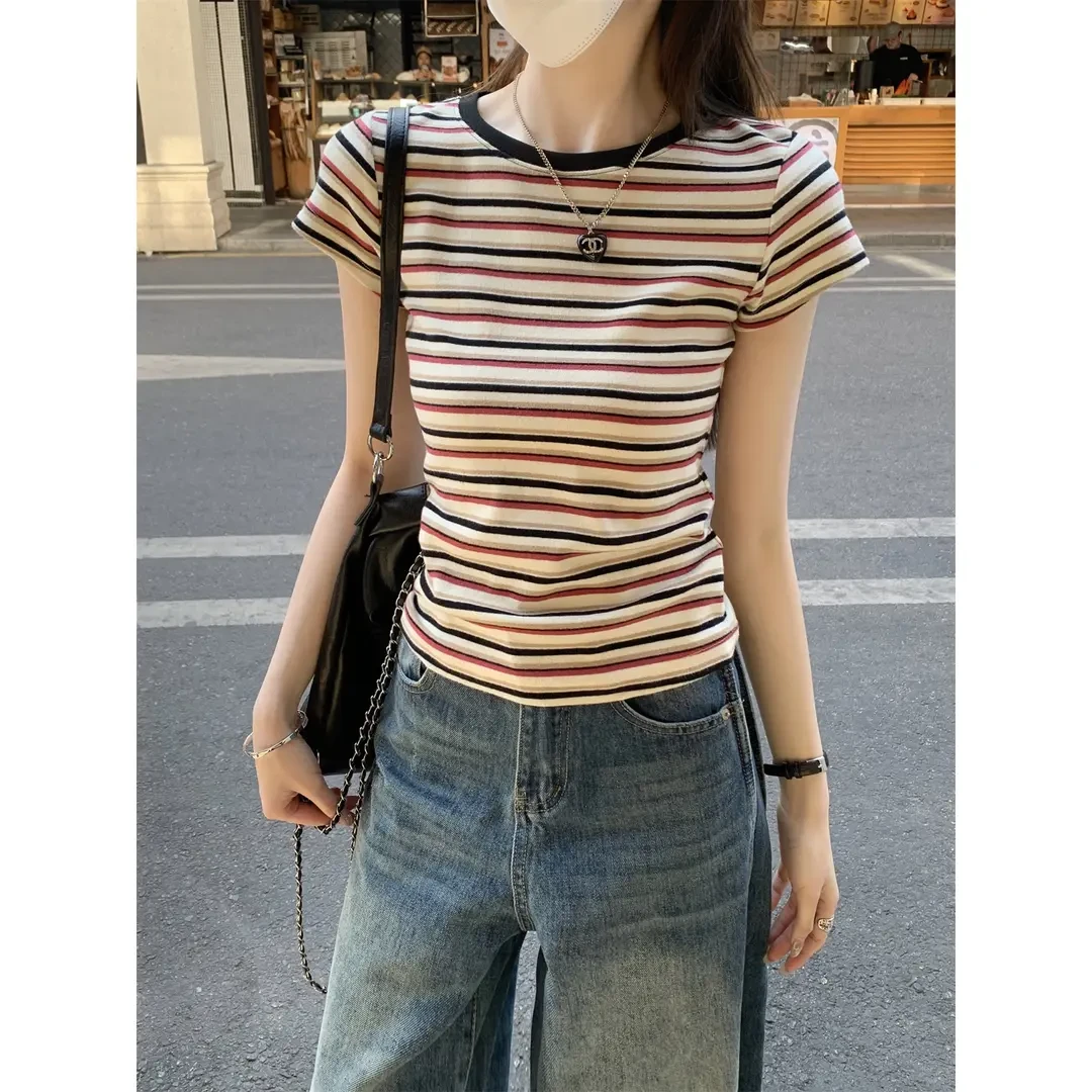 圆领复古撞色条纹短袖T恤女2025夏季修身显瘦百搭小众设计感上衣