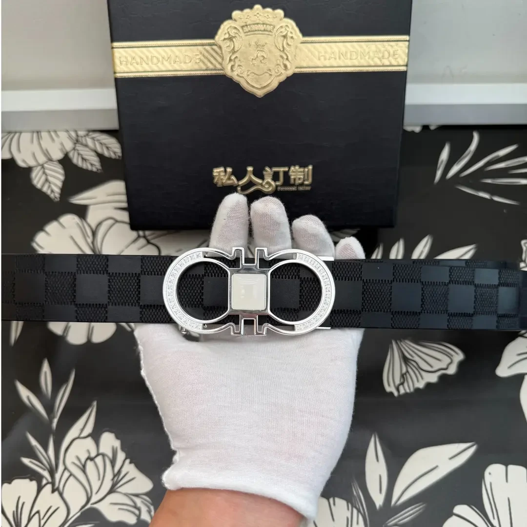 【3.5自动扣套装】 8字镶玉雕花格子自动扣皮带真牛皮带黑色整套