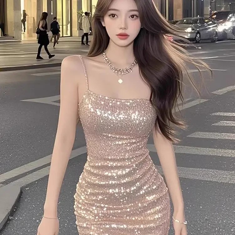 【林林晚晚】亮片方领吊带夏季性感时尚旗袍裙子女款中国风连衣裙