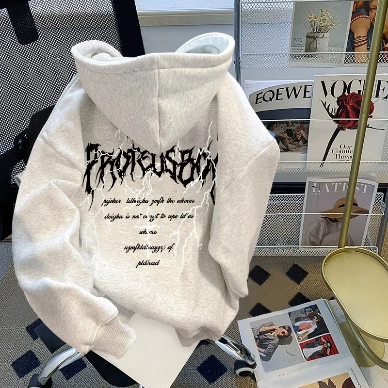 重磅高街灰色套头dk连帽卫衣男款加绒设计感闪电印花长袖帽衫上衣