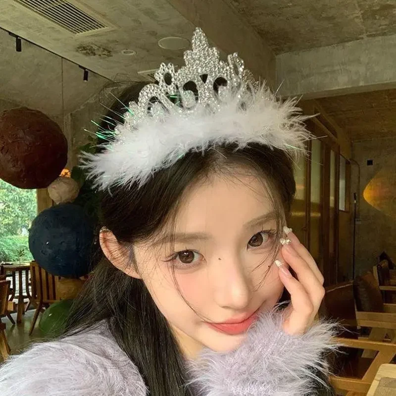 W生日发箍女羽毛水钻皇冠头饰party十八岁成人礼公主头箍发卡