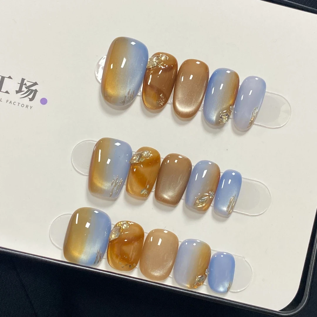 纯轻奢美甲穿戴甲显白手工穿戴甲猫眼晕染高级感美甲短款