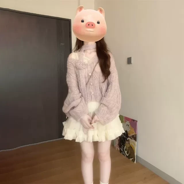 两件套装甜美气质紫色立体花朵飘带V领针织毛衣+高腰重工半身短裙