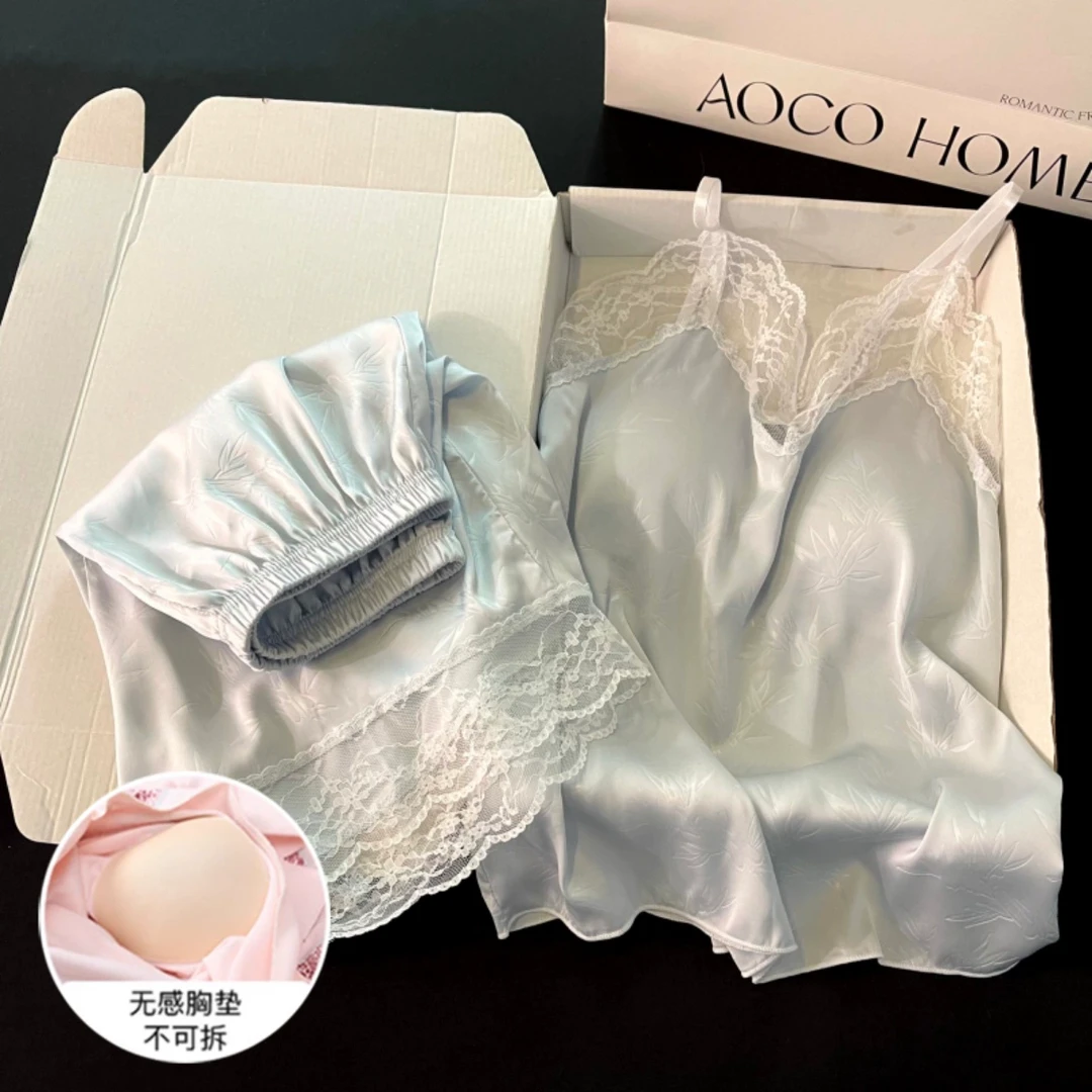 吊带睡衣女夏季冰丝带胸垫凉感大码可外穿网红性感蕾丝蓝色家居服