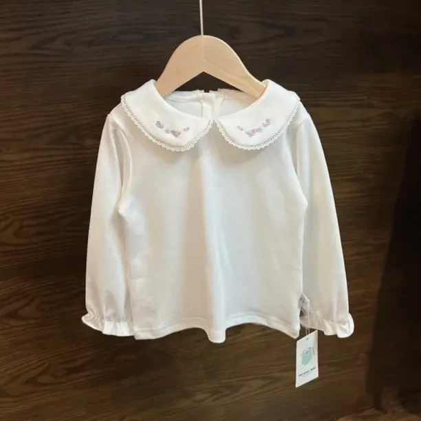 出口韩国女童春秋季娃娃领刺绣百搭长袖打底T恤