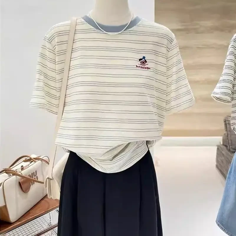 纯棉卡通刺绣条纹拼色夏季新款韩系慵懒休闲宽松短袖T恤女上衣tee